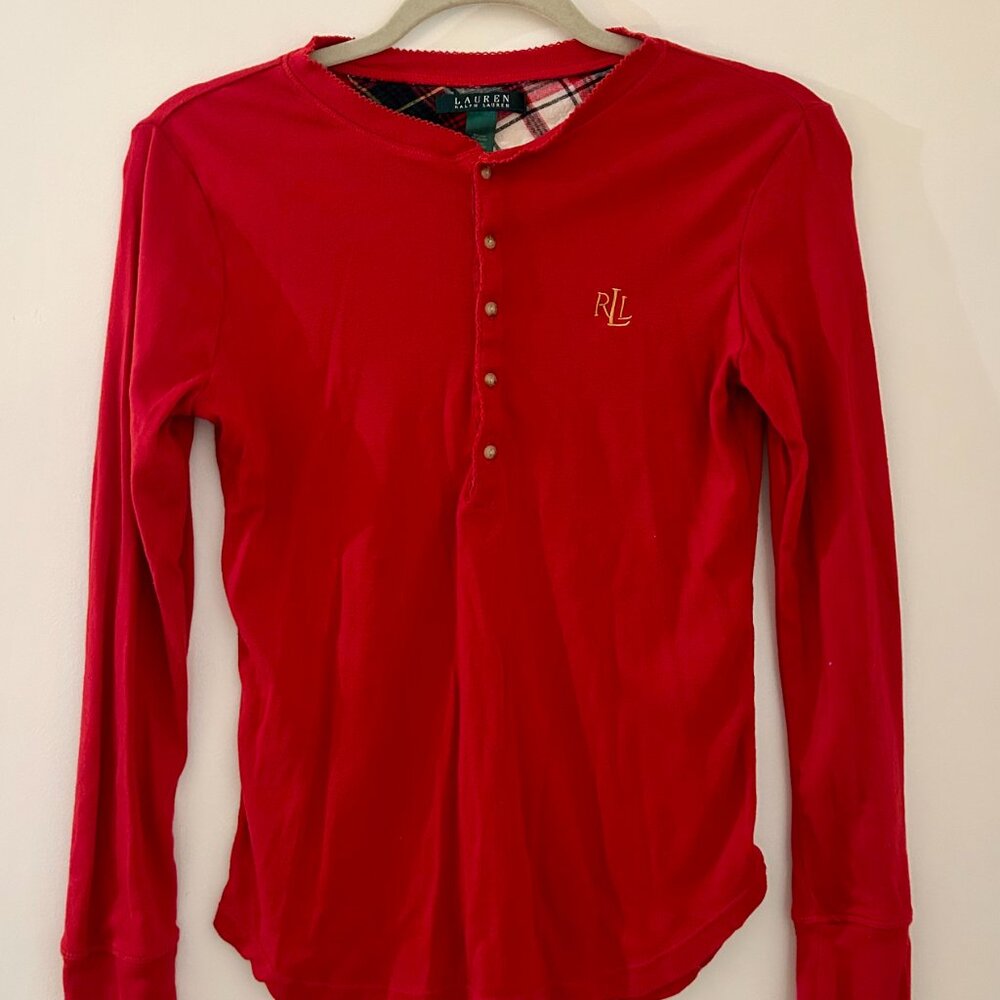 Lauren Ralph Red Long Sleeve Henley Top Y2K